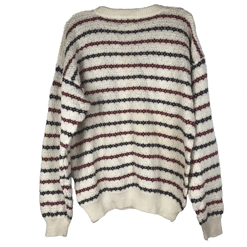 Gulf Traders Sweater Crew Geometric Stripe White Red Blue Tan Knit Mens Large